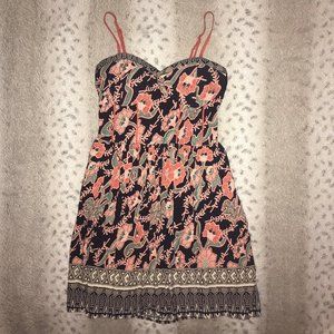 Navy Blue Bustier Dress w/Coral Flowers
